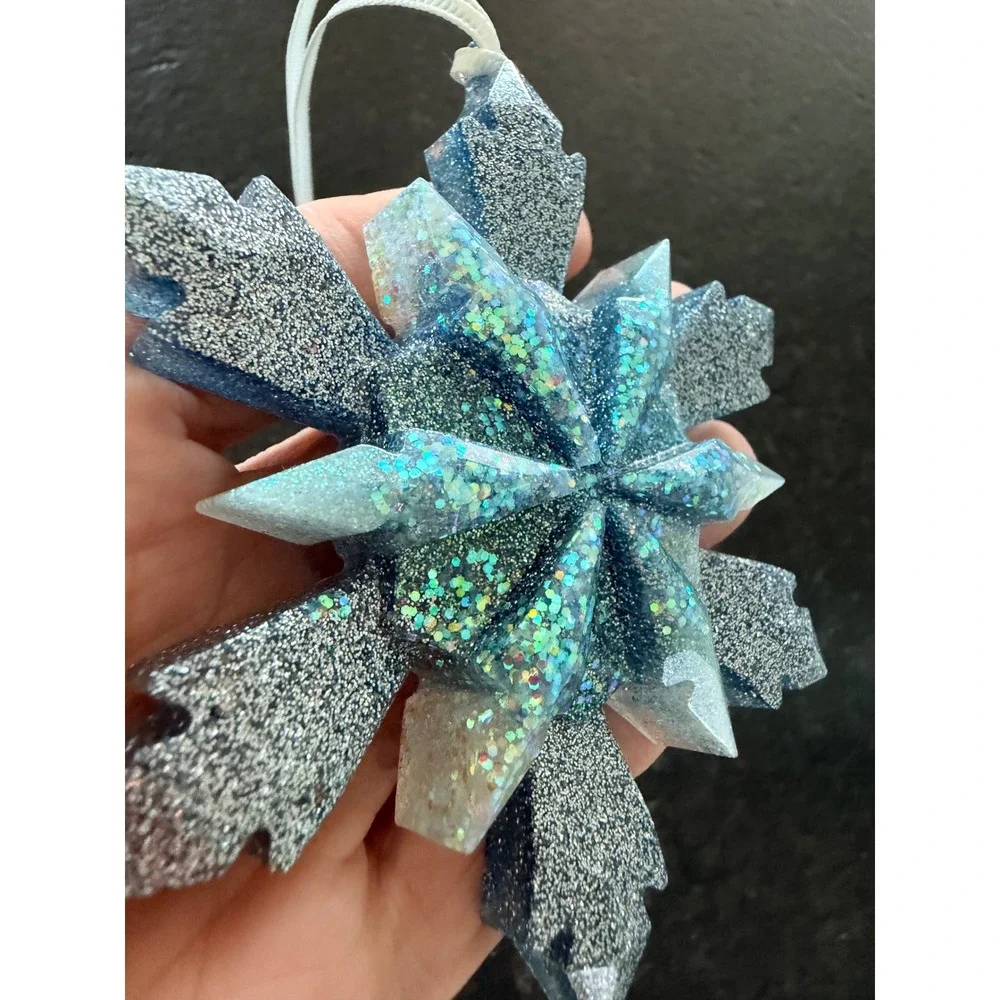 Blue Glitter Resin Snowflake‎ Ornament Silver Holographic Winter Holiday Decor
